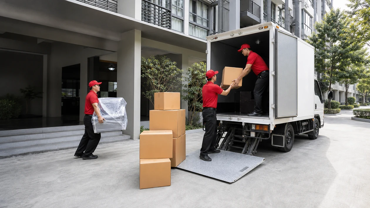 Moving helpers loading boxes and furniture into a truck