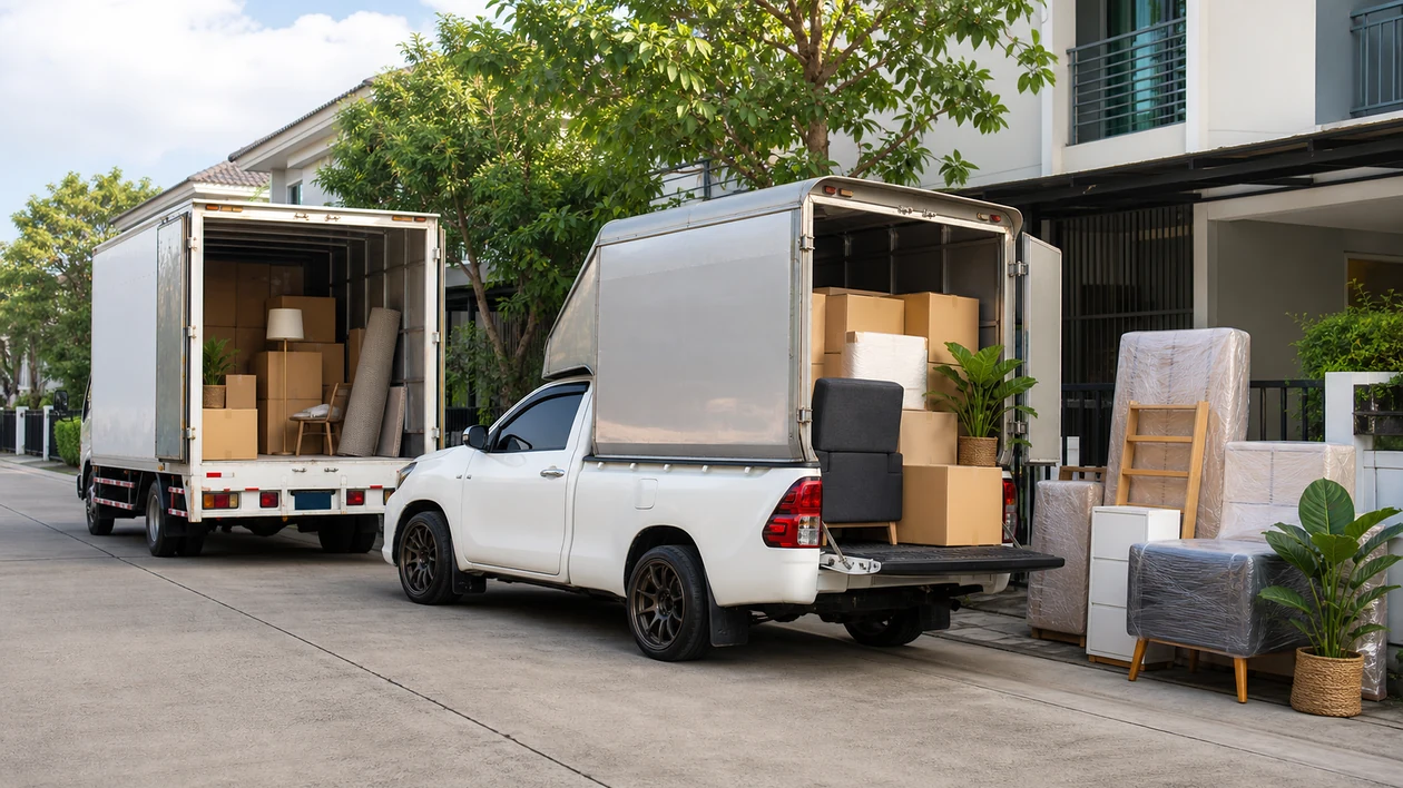 Moving truck and packed household items ready for transport